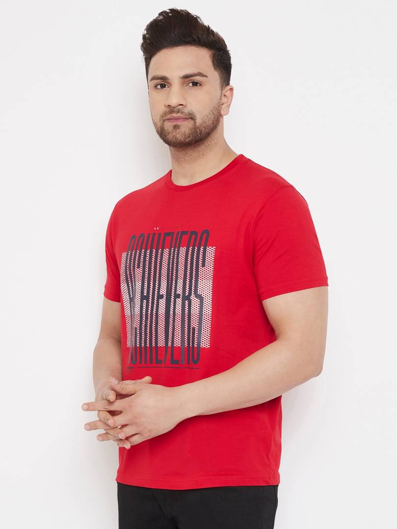 Men's Red Printed Cotton Round Neck Tees