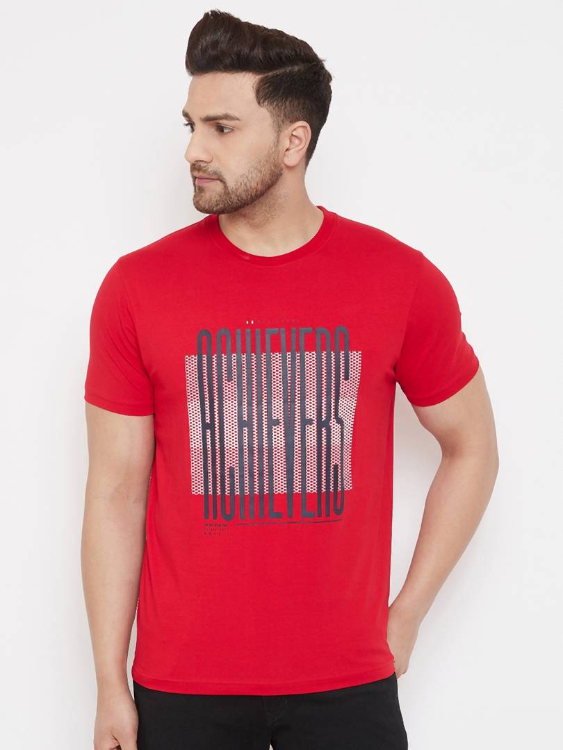 Men's Red Printed Cotton Round Neck Tees