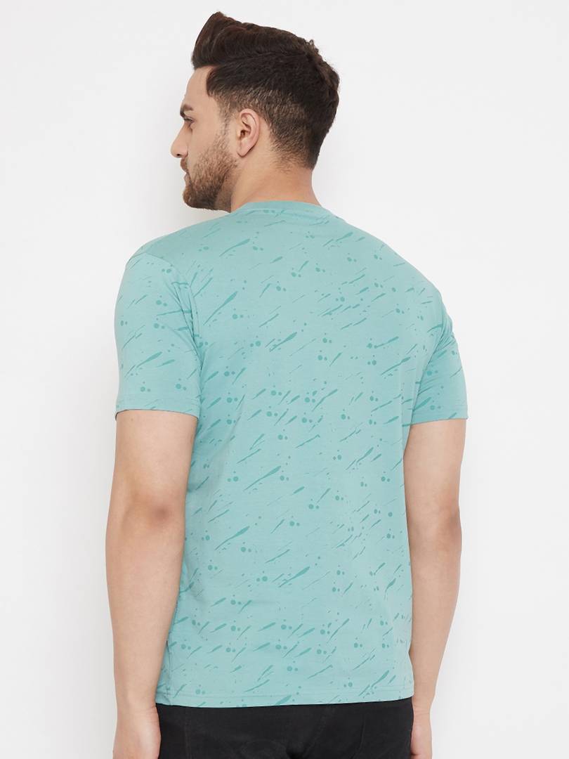 Men's Blue Printed Cotton Round Neck Tees