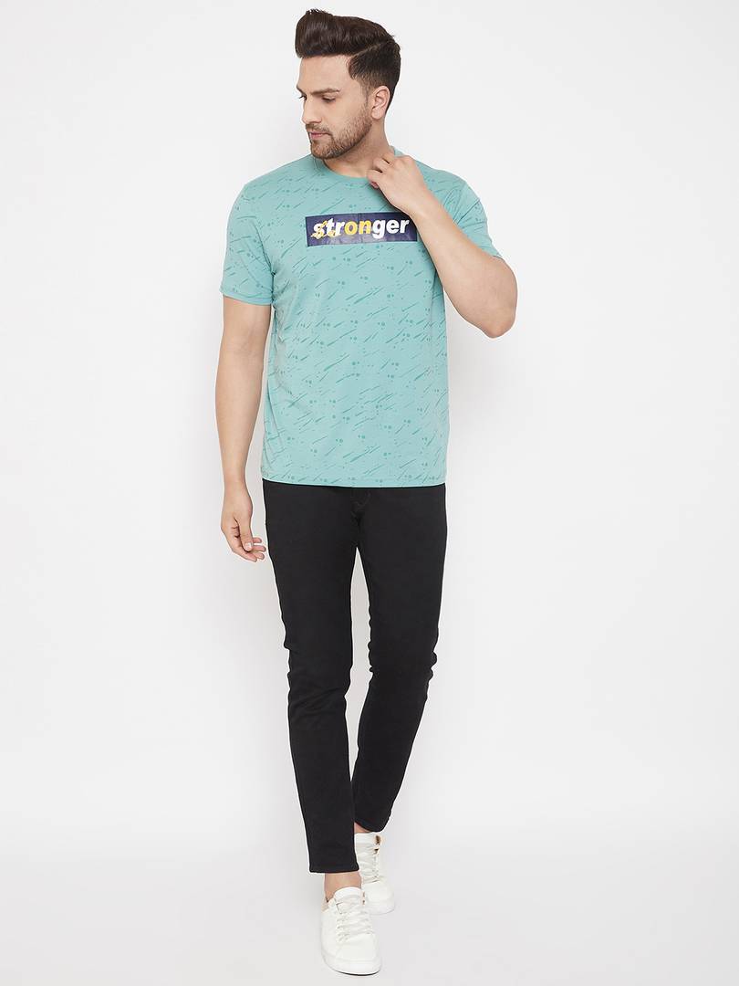 Men's Blue Printed Cotton Round Neck Tees