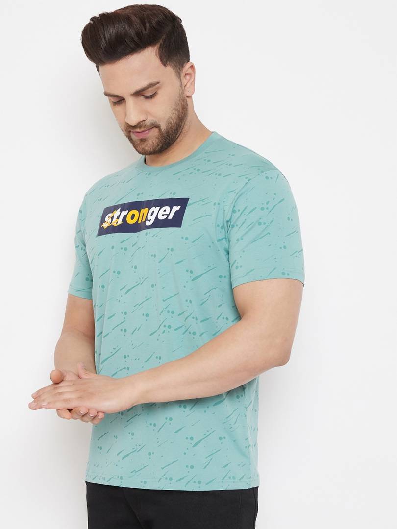 Men's Blue Printed Cotton Round Neck Tees