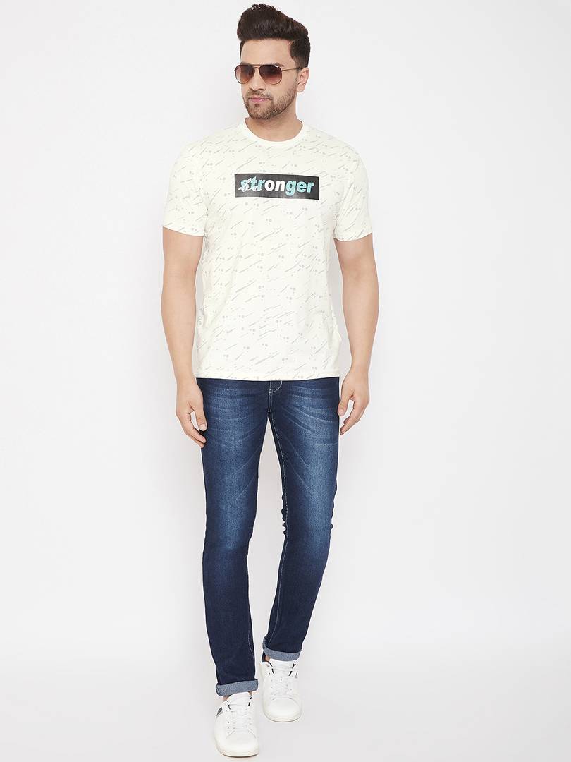 Men's Off White Printed Cotton Round Neck Tees