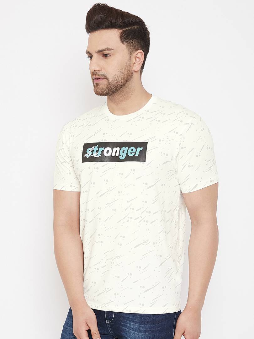 Men's Off White Printed Cotton Round Neck Tees