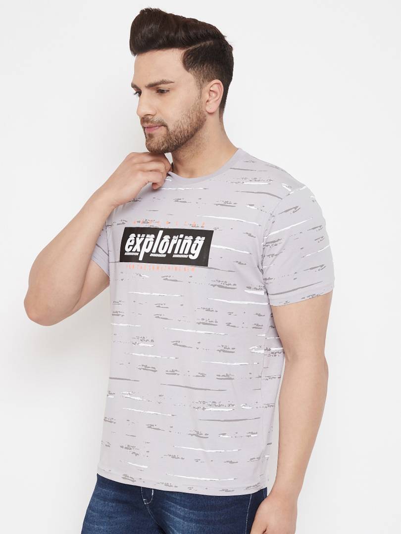 Men's Grey Printed Cotton Round Neck Tees