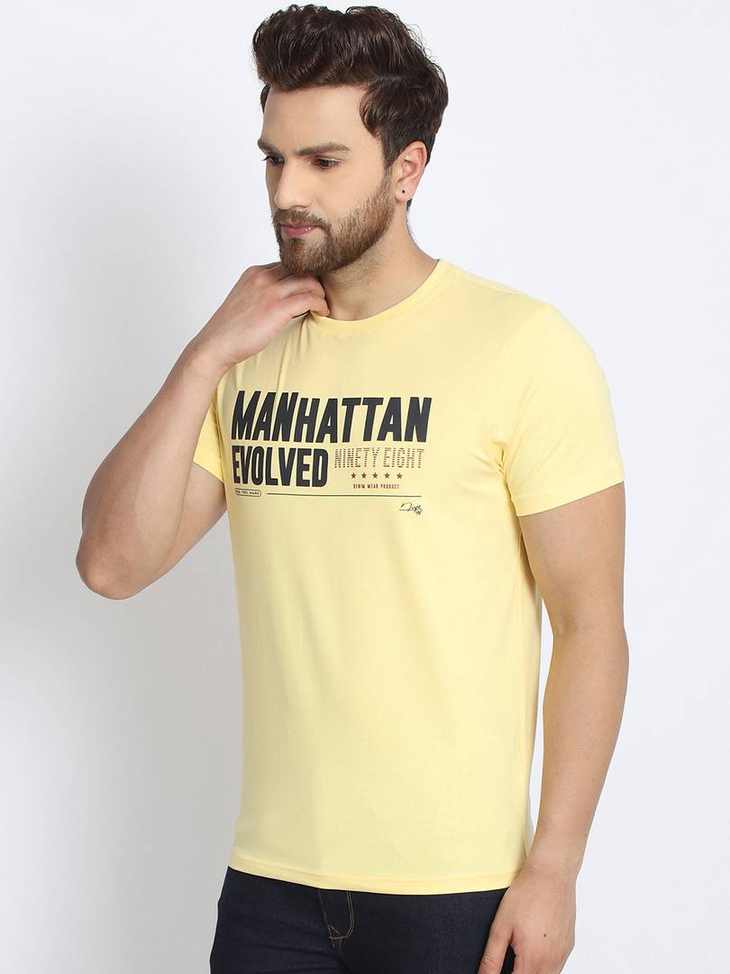 Men's Yellow Printed Cotton Round Neck Tees