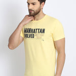 Men's Yellow Printed Cotton Round Neck Tees