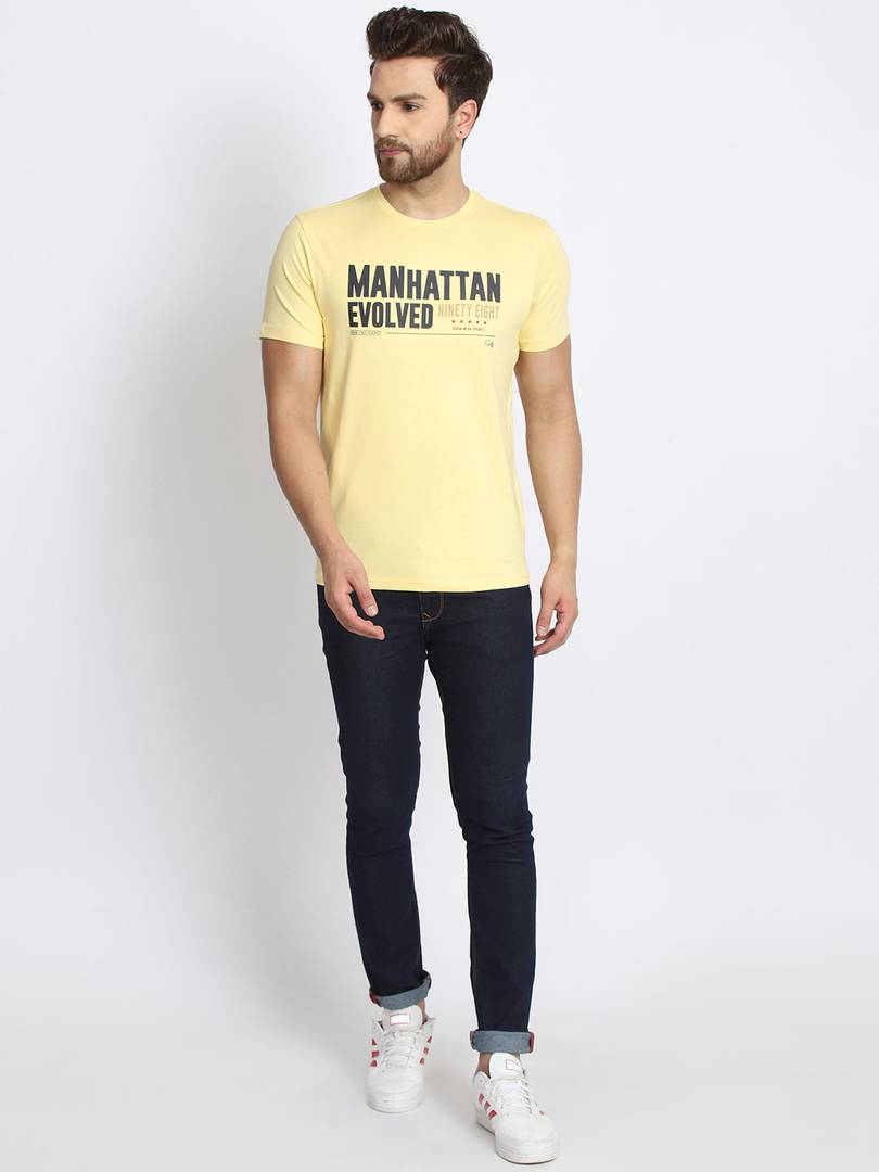 Men's Yellow Printed Cotton Round Neck Tees