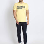 Men's Yellow Printed Cotton Round Neck Tees