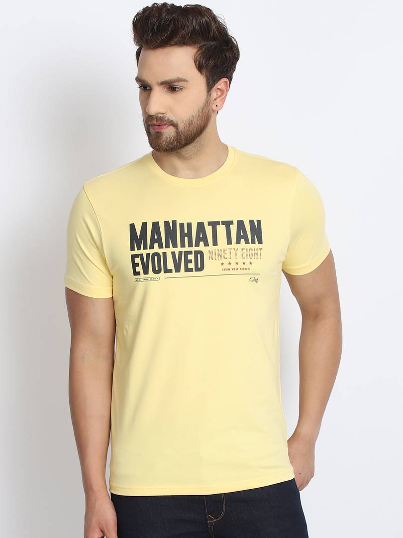 Men's Yellow Printed Cotton Round Neck Tees