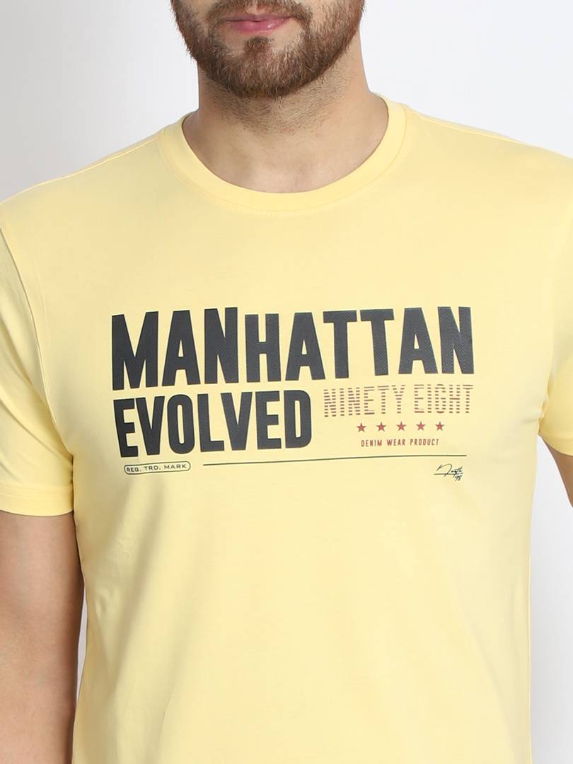 Men's Yellow Printed Cotton Round Neck Tees