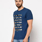 Men's Blue Printed Cotton Round Neck Tees