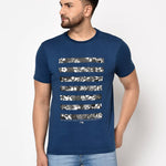 Men's Blue Printed Cotton Round Neck Tees