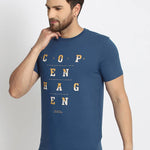 Men's Blue Printed Cotton Round Neck Tees