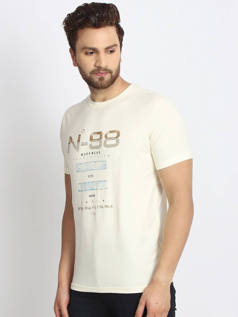 Men's Off White Printed Cotton Round Neck Tees