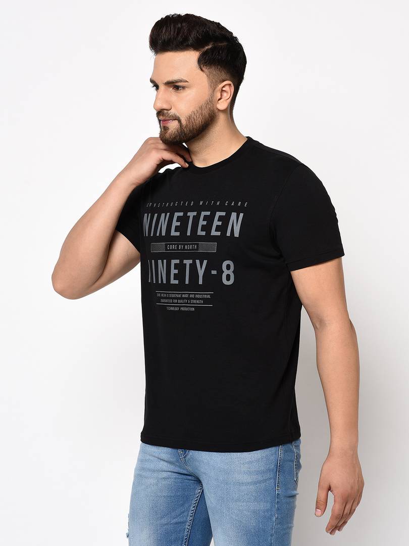 Men's Black Printed Cotton Round Neck Tees