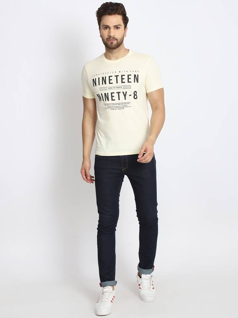 Men's Off White Printed Cotton Round Neck Tees