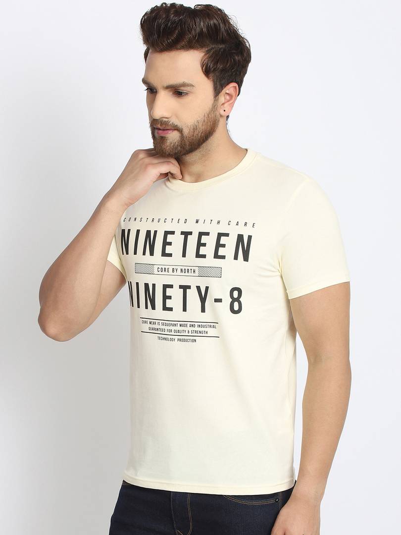 Men's Off White Printed Cotton Round Neck Tees