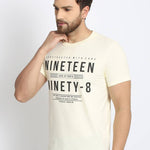 Men's Off White Printed Cotton Round Neck Tees