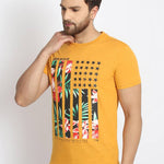 Men's Mustard Printed Cotton Round Neck Tees