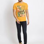 Men's Mustard Printed Cotton Round Neck Tees
