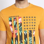 Men's Mustard Printed Cotton Round Neck Tees