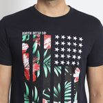 Men's Navy Blue Printed Cotton Round Neck Tees