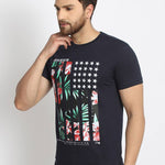 Men's Navy Blue Printed Cotton Round Neck Tees