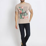 Men's Beige Printed Cotton Round Neck Tees