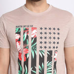 Men's Beige Printed Cotton Round Neck Tees
