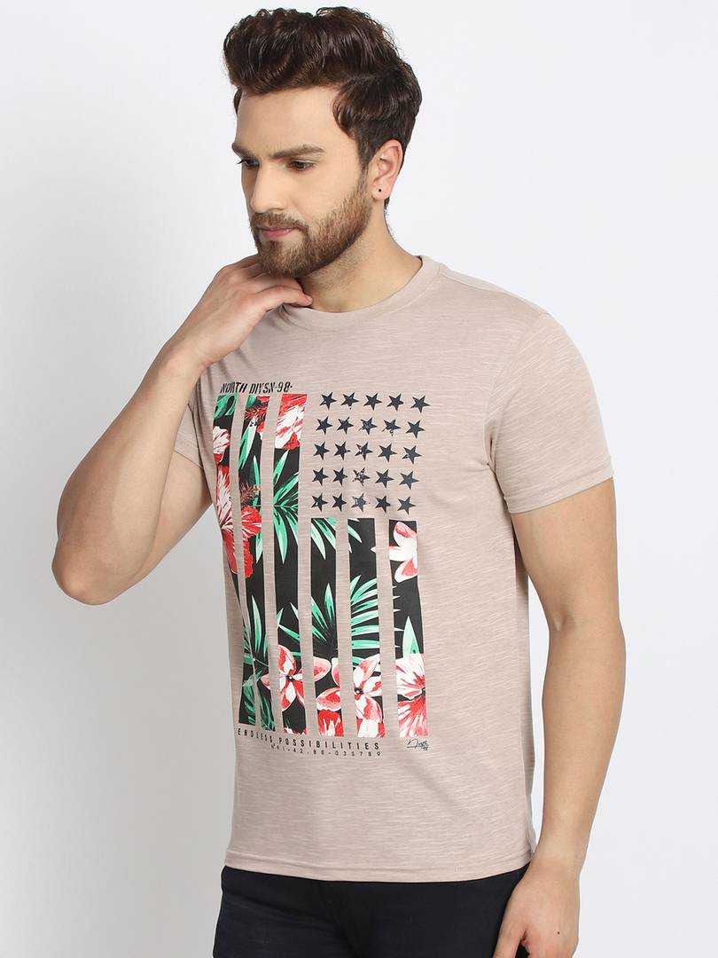 Men's Beige Printed Cotton Round Neck Tees