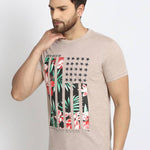 Men's Beige Printed Cotton Round Neck Tees