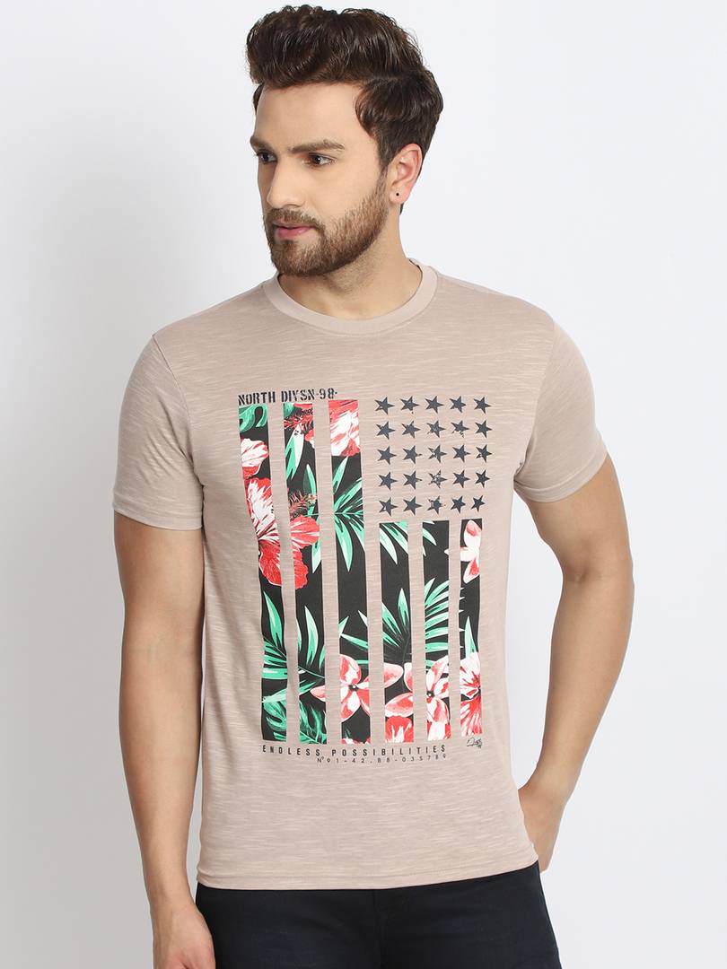 Men's Beige Printed Cotton Round Neck Tees