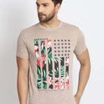 Men's Beige Printed Cotton Round Neck Tees