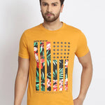 Men's Mustard Printed Cotton Round Neck Tees