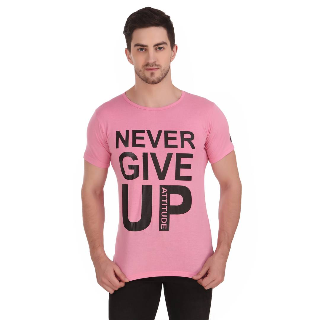 Stylish & Comfortable Round Neck NEVER GIVE UP Printed T-Shirt For Men's (Pink)