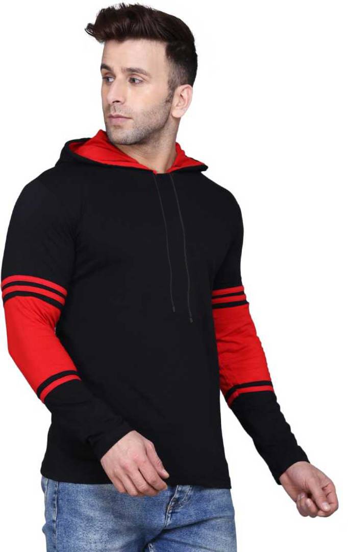 Stylish Black Cotton Self Pattern Hooded Tees For Men
