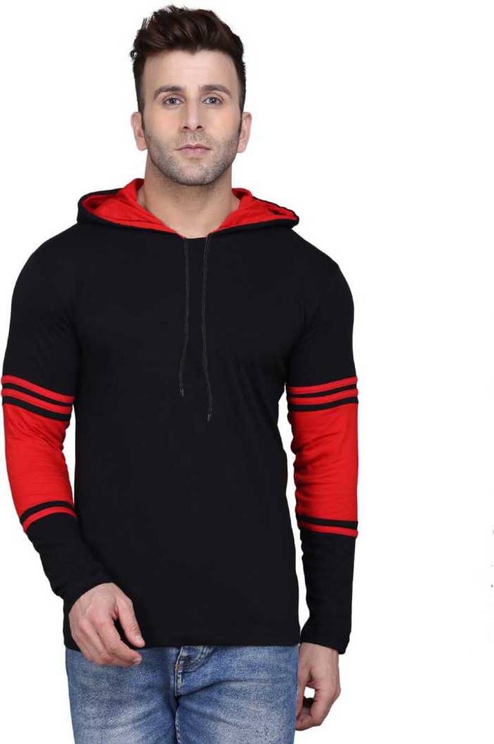 Stylish Black Cotton Self Pattern Hooded Tees For Men