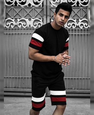 Men's Urban Black and Red Stripe T Shirt and Shorts Combo Suit