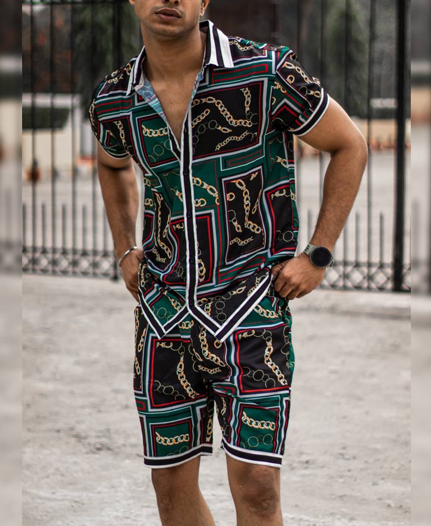Men's Olive Green Gold Chain Print Shirt and Shorts Set – Dilutee
