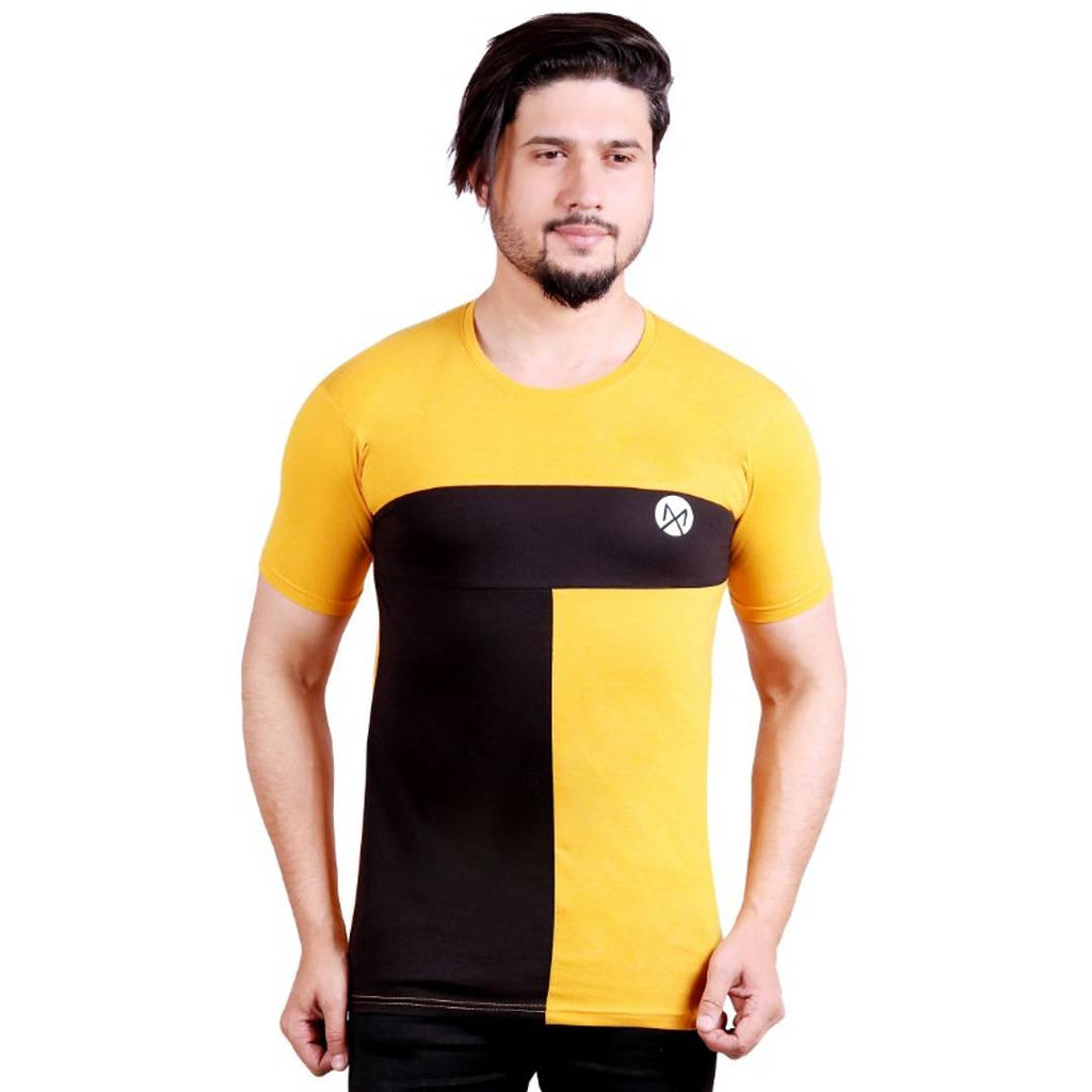 Round Neck Half Sleeve  Colourblocked T-Shirt For Men(Yellow,Black)