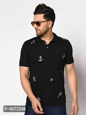 Men' Black Cotton Printed Polo T-Shirt