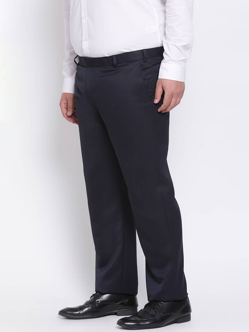 Elegant Navy Blue Polyester Viscose Solid Regular Trousers For Men