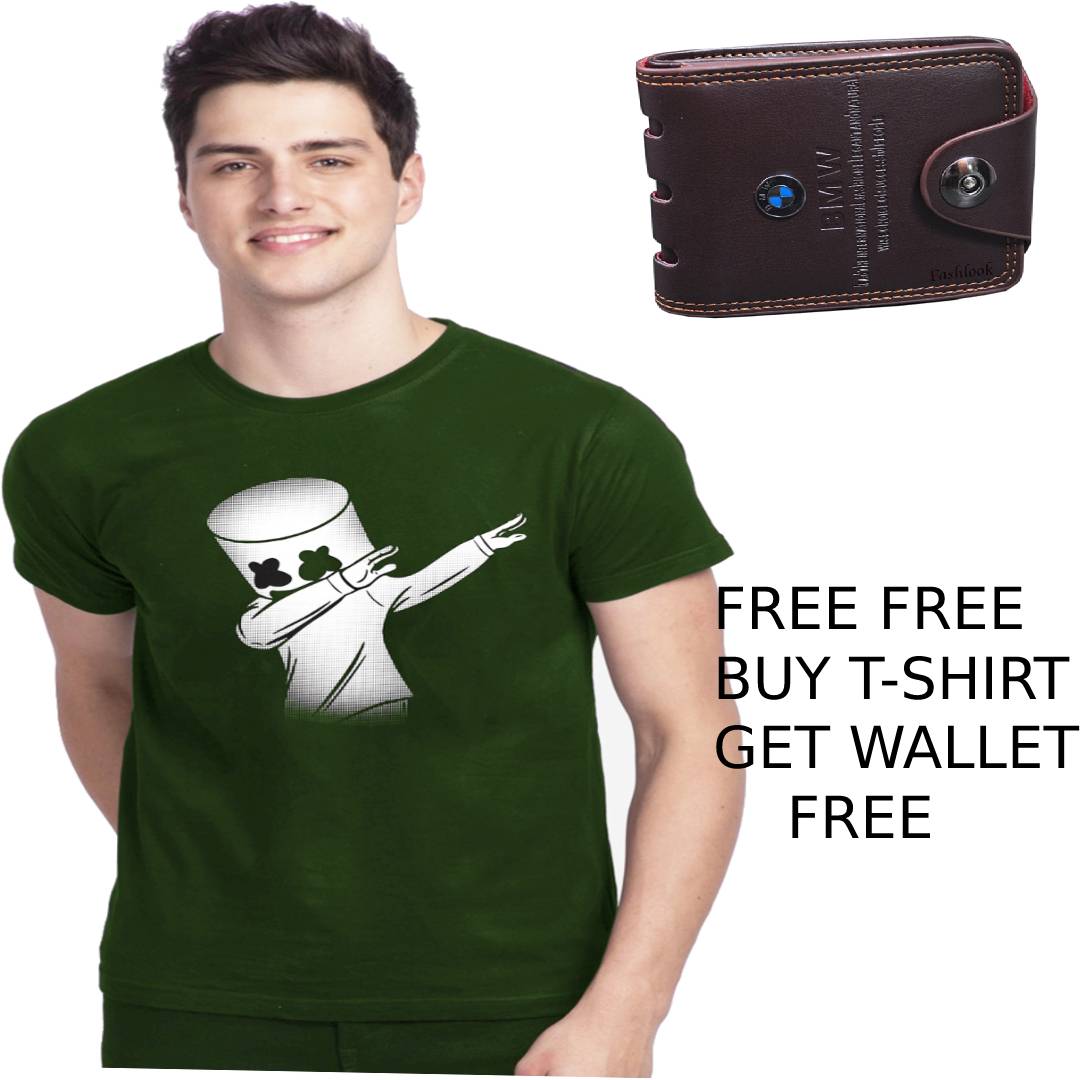 Men's Cotton Olive Printed Round Neck Tees with Wallet