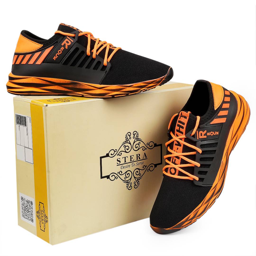 Stylish Mesh Orange Upper Lace Sneakers For Men