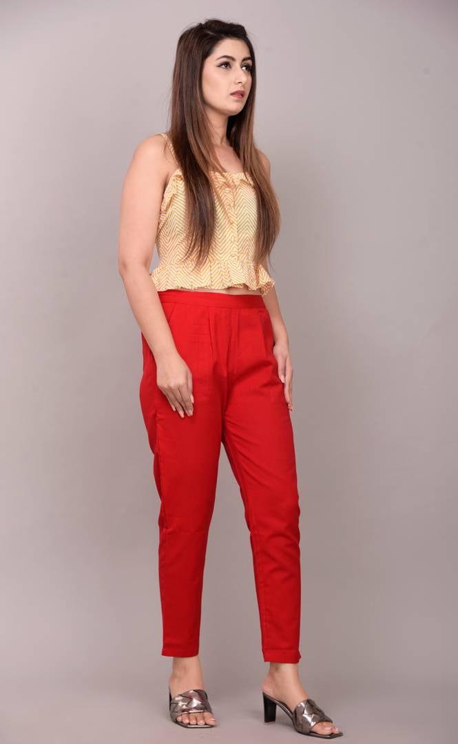 Elegant Red Solid Cotton Flex Stretchable Trousers For Women And Girls