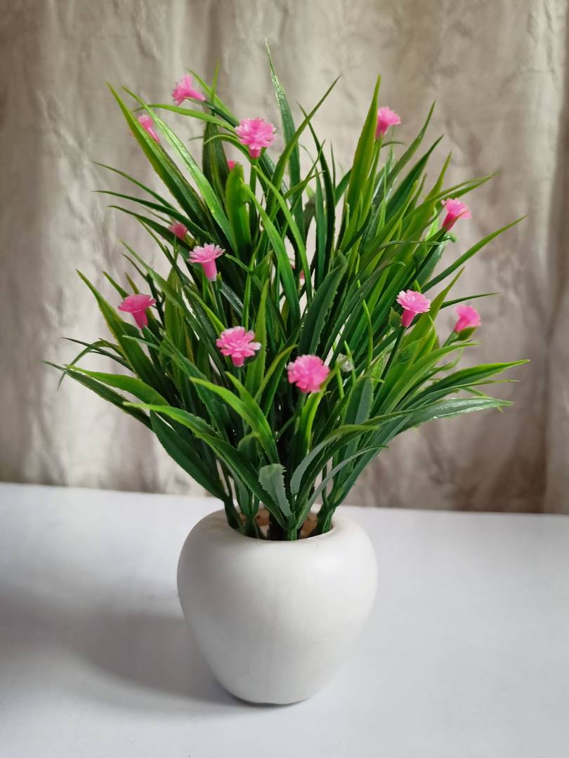 Artificial Potted Wild Grass With Pink Mini Flowers