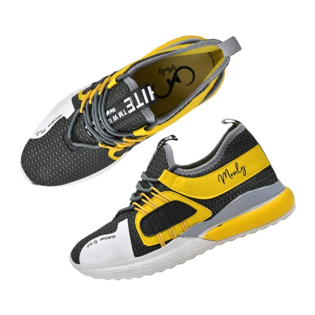 Stylish Yellow Mesh Self Design Sports Shoes For Men