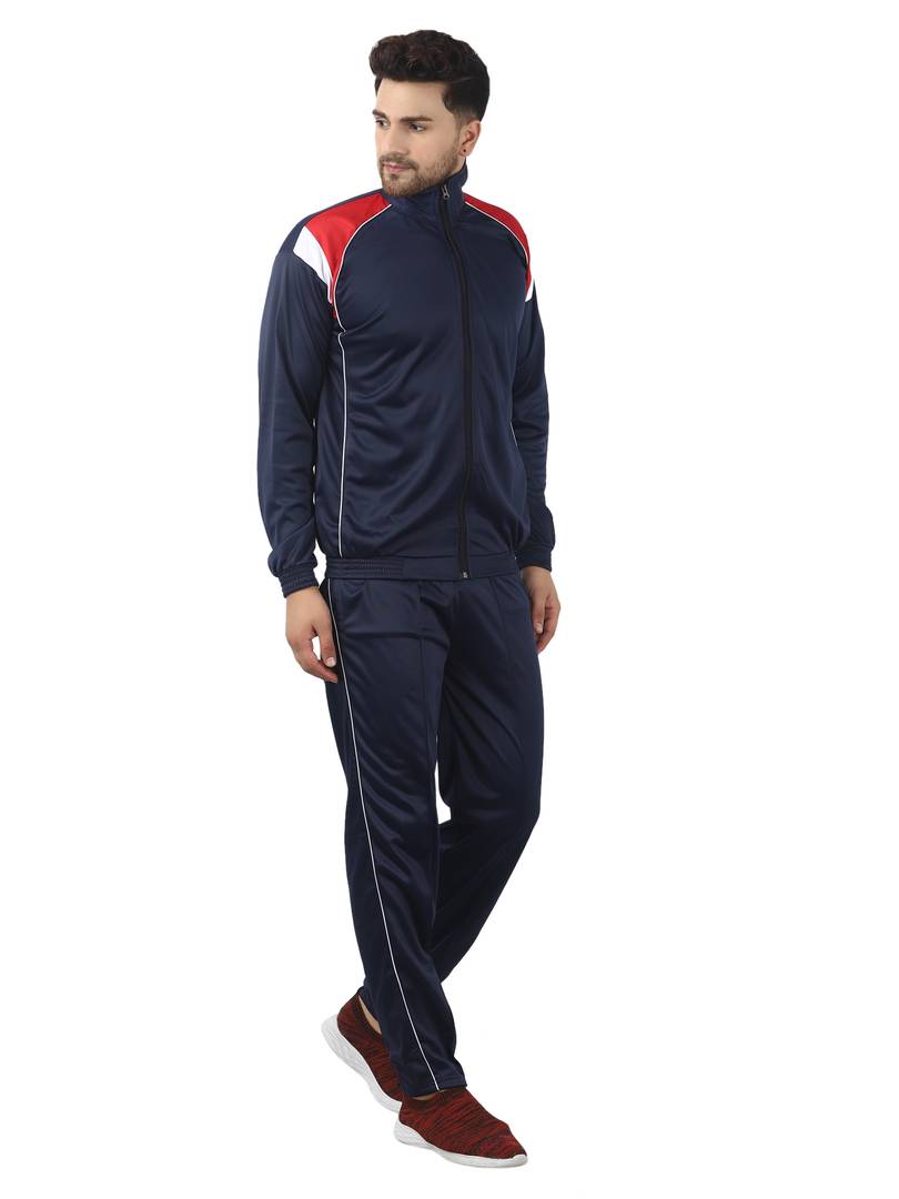Men's Trendy Navy Blue Self Pattern Polyester Regular Fit Tracksuit