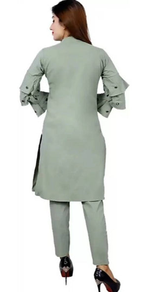 Exclusively Cotton Blend  Stretchable fabric 3 Pc set, Top Pant and beautiful frill bell sleeves Shrug.
