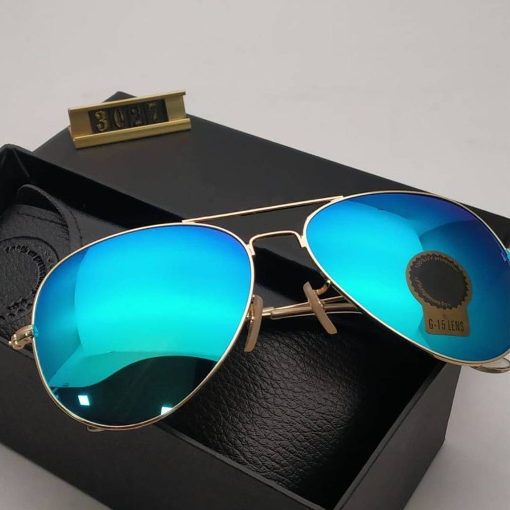 Gold Aqua Blue Mercury Aviator Mirror Sunglasses 3026